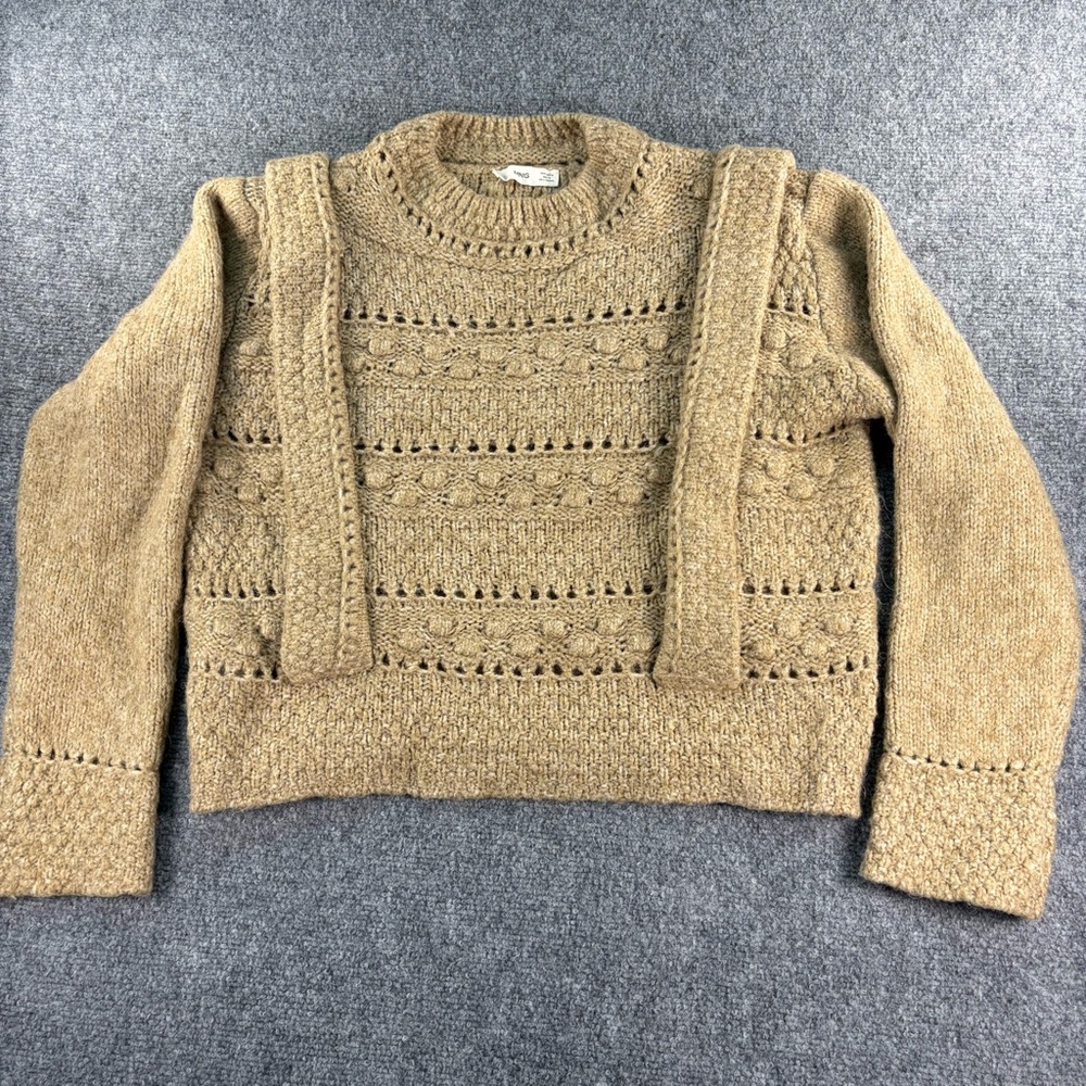 Mango Openwork Textured Crewneck Sweater in Camel